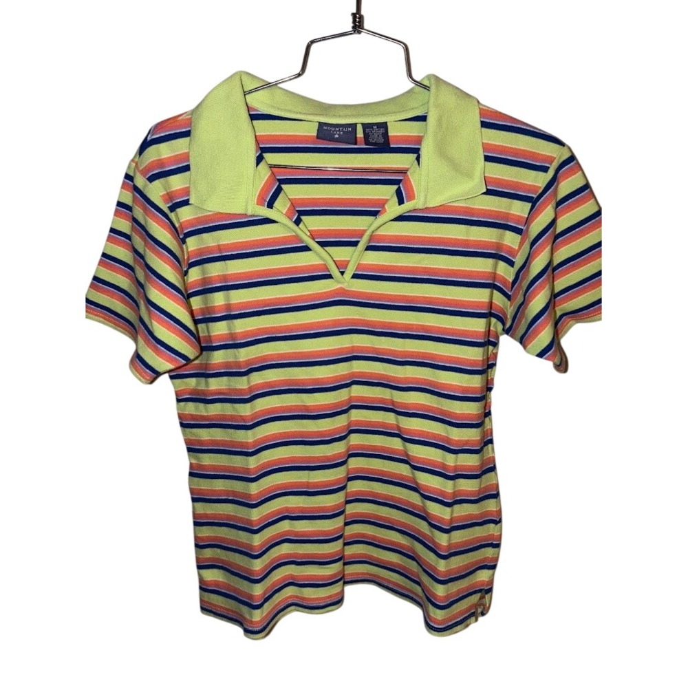 Mountain Lake Womens Multi Color Striped V-Neck Polo Shirt Size M Short Sleeve